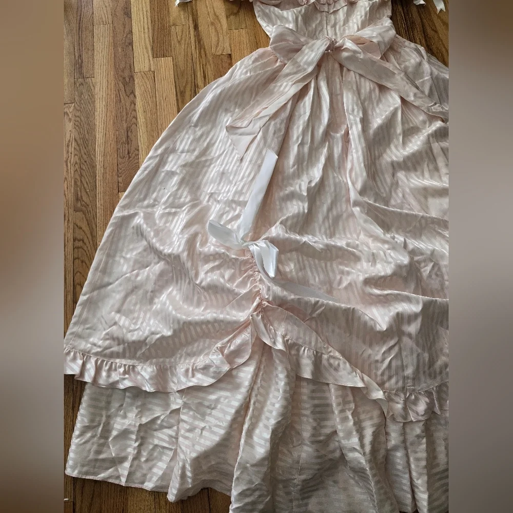 Vtg 80s Gunne Sax Striped Pink Southern Belle Gown Size 10 Bows Ruffles Layered - Picture 3 of 10